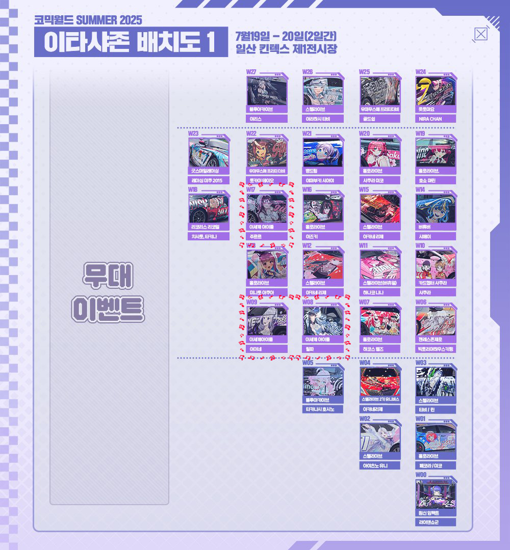 iseroad's tweet image. 코믹월드 SUMMER 2025
왁타버스 이타샤 & 이탄샤 전시 참여 안내 ✨
왁타버스 이타샤 & 이탄샤 차량 9대가
이번 킨텍스 코믹월드 이타샤존에 전시됩니다.
처음으로 모든 이세돌 멤버 차량이 전시를 합니다 !
( 자리 W08, W09, W17, W32, W37, W51, W53, W60, W61 )