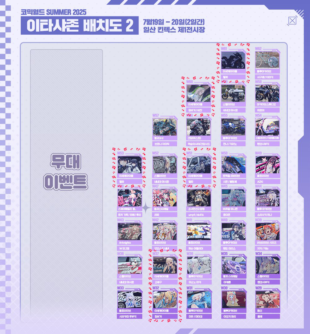 iseroad's tweet image. 코믹월드 SUMMER 2025
왁타버스 이타샤 & 이탄샤 전시 참여 안내 ✨
왁타버스 이타샤 & 이탄샤 차량 9대가
이번 킨텍스 코믹월드 이타샤존에 전시됩니다.
처음으로 모든 이세돌 멤버 차량이 전시를 합니다 !
( 자리 W08, W09, W17, W32, W37, W51, W53, W60, W61 )