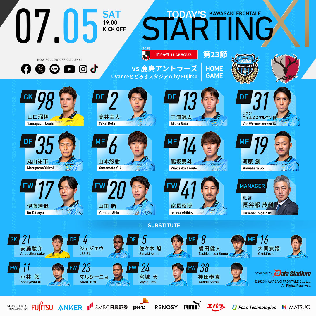 frontale_staff's tweet photo. 明治安田J1リーグ 第23節
🆚#鹿島アントラーズ
スターティングメンバー発表🐬

【広報】 #frontale https://t.co/SDHvFeKvcG
