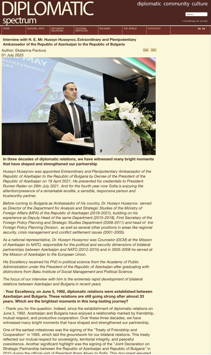 I was delighted to give an interview to the Diplomatic Spectrum magazine on the occasion of the 33rd anniversary of the establishment of diplomatic relations between #Azerbaijan and #Bulgaria 🇦🇿🇧🇬 

diplomaticspectrum.com/en/interviews/…
