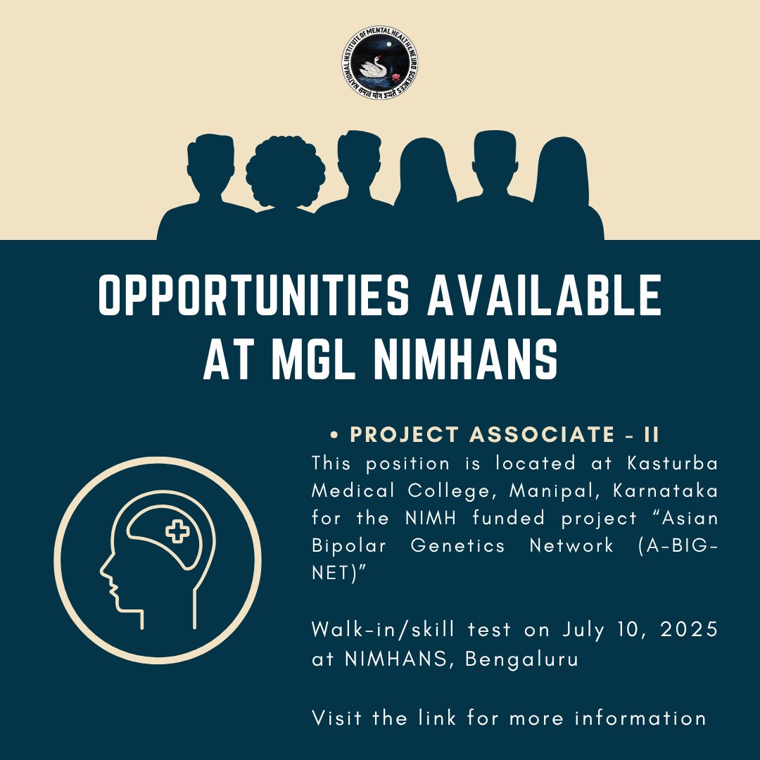 Rohini Nilekani Centre for Brain and Mind-NIMHANS (@cbmnimhans) on Twitter photo Project Associate - II position open (located at <a href="/kmc_manipal/">KMC Manipal</a>) on contract basis for the Asian Bipolar Genetics Network (A-BIG-NET) project.
Visit nimhansbkt.demo-appiness.com/prodnimhans/do… for more details
<a href="/NIMHANS_BLR/">NIMHANS, Bengaluru</a> <a href="/mgl_nimhans/">Molecular Genetics Lab, NIMHANS</a> <a href="/BijuViswanath13/">Biju Viswanath</a> Project Associate - II position open (located at <a href="/kmc_manipal/">KMC Manipal</a>) on contract basis for the Asian Bipolar Genetics Network (A-BIG-NET) project.
Visit nimhansbkt.demo-appiness.com/prodnimhans/do… for more details
<a href="/NIMHANS_BLR/">NIMHANS, Bengaluru</a> <a href="/mgl_nimhans/">Molecular Genetics Lab, NIMHANS</a> <a href="/BijuViswanath13/">Biju Viswanath</a>