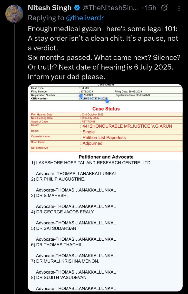 That fraud liver dr has been trying to fool people his dad got a clean chit in that liver trafficking case.

The truth is that case is still running &amp; he still DIDN'T GET A CLEAN CHIT.

Should a fraud like him be allowed to practice as a doctor himself &amp; more so give certificates