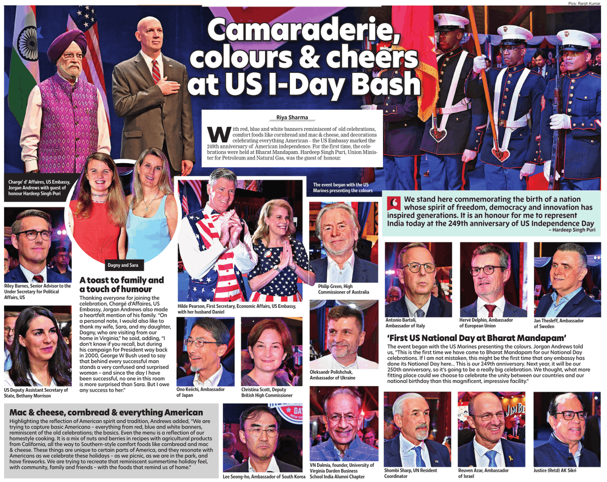 DelhiTimesTweet's tweet photo. With red, blue and white banners reminiscent of old celebrations, comfort foods like cornbread and mac &amp; cheese, and decorations celebrating everything American – the @USAndIndia marked the 249th anniversary of American independence

Read: https://t.co/RSJJH8z3zg https://t.co/vZsRuAhTRL