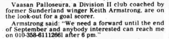 Pelaajahankintaa 80-luvun tyyliin. Keke etsi Englannista pelaajia Vasa IFK:hon (tuossa Vepsu joka on väärin) lehti-ilmoituksella #Kakkonen