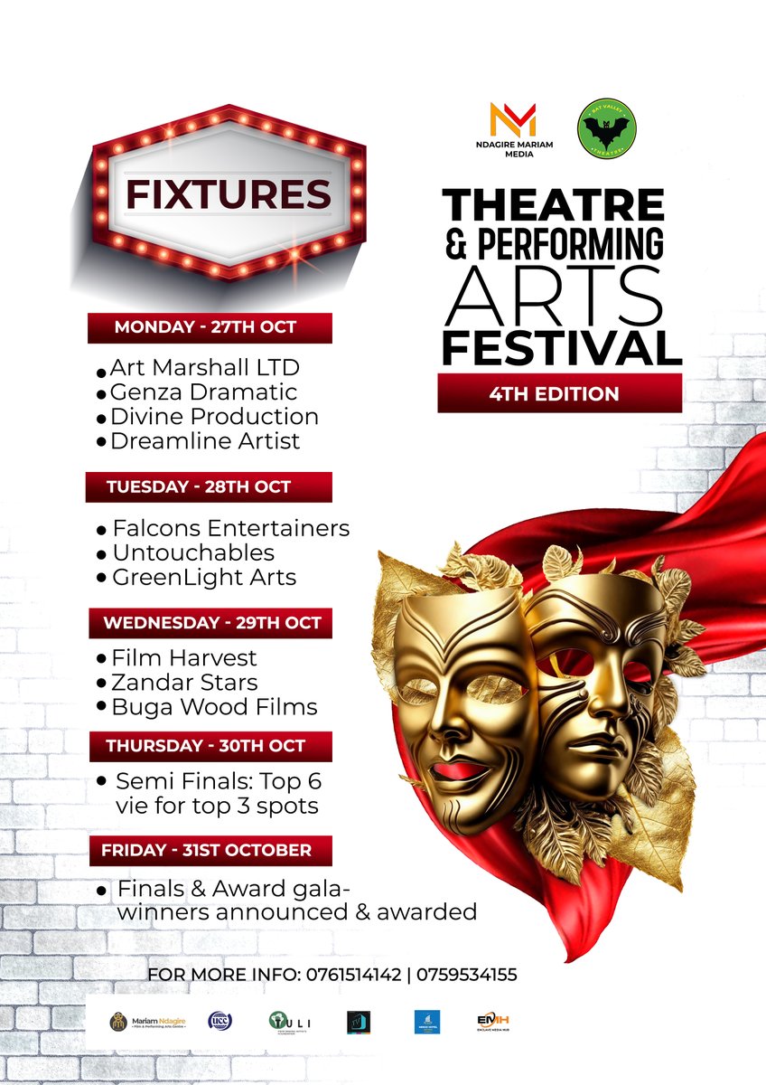 Cinema UG (@cinemaugapp) on Twitter photo The 4th Edition of <a href="/TheatreArtsFest/">Theatre And Performing Arts Festival</a> Fixtures is out. Mark your calendars.
MONDAY - 27th OCT
- Art Marshall LTD
- Genza Dramatic
- Divine Production
- Dreamline Artists
TUESDAY - 28th OCT
- Falcons Entertainers
- Untouchables
- GreenLight Arts
WEDNESDAY - 29th OCT
- Film The 4th Edition of <a href="/TheatreArtsFest/">Theatre And Performing Arts Festival</a> Fixtures is out. Mark your calendars.
MONDAY - 27th OCT
- Art Marshall LTD
- Genza Dramatic
- Divine Production
- Dreamline Artists
TUESDAY - 28th OCT
- Falcons Entertainers
- Untouchables
- GreenLight Arts
WEDNESDAY - 29th OCT
- Film