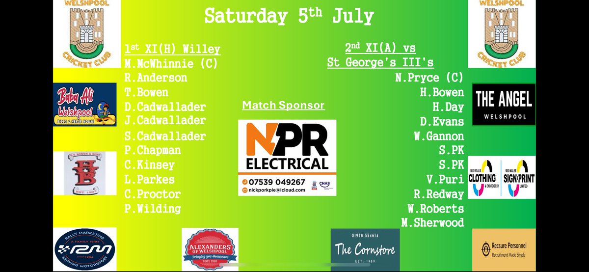 WelshpoolCC (@welshpoolcc) on Twitter photo Today’s team news.
1st XI host <a href="/WilleyCC/">WilleyWanderersCC</a>, 2nd XI travel to <a href="/StGeorgesCrick1/">St Georges Cricket Club</a>
Home game sponsored by NPR electrical
🍻open at 1pm Today’s team news.
1st XI host <a href="/WilleyCC/">WilleyWanderersCC</a>, 2nd XI travel to <a href="/StGeorgesCrick1/">St Georges Cricket Club</a>
Home game sponsored by NPR electrical
🍻open at 1pm