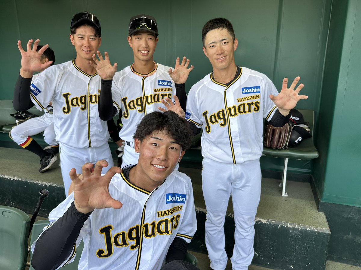 Tigers_farm's tweet photo. 今日も #阪神ジャガーズ デー🐆✨ 約70年ぶりに復活した「jaguars」ユニフォームを見に纏い戦います！
#阪神タイガース
#阪神ジャガーズ #jaguars
#戸井零士 選手 #福島圭音 選手 #百﨑蒼生 選手 #山田脩也 選手
#ゼロカーボンベースボールパーク
#脱炭素先行地域 #尼崎市
#スリーECOチェンジ https://t.co/CHER4PVRzS