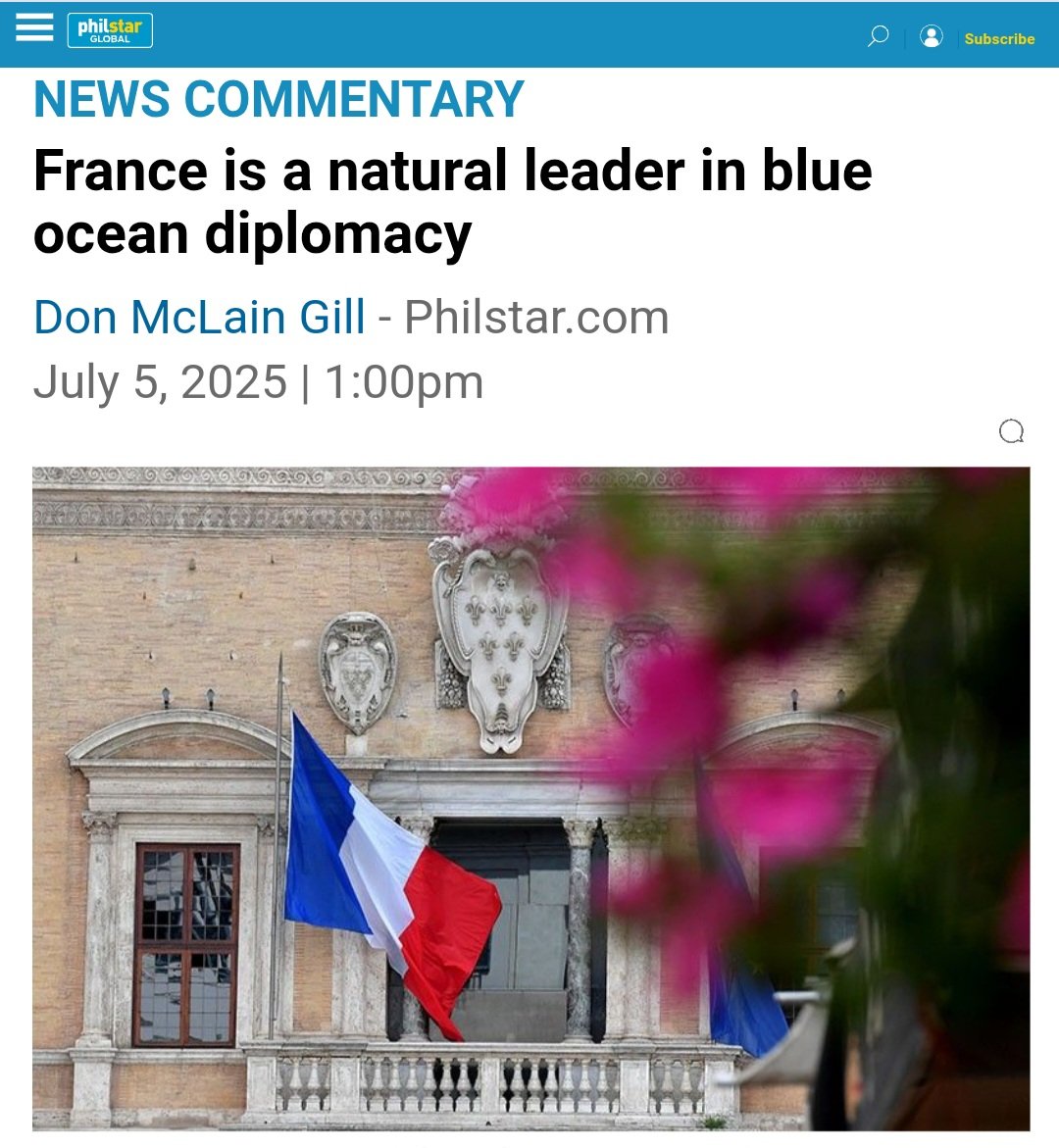 DonMcLainGill95's tweet image. In my @PhilstarNews column,as Bastille Day 2025 is approaching,I reflect on France's role in securing the rules-based order, especially through its blue ocean diplomacy,which has become a cornerstone in 🇵🇭 🇫🇷 ties,under Amb @MarieFontanelPH 's leadership
philstar.com/news-commentar…