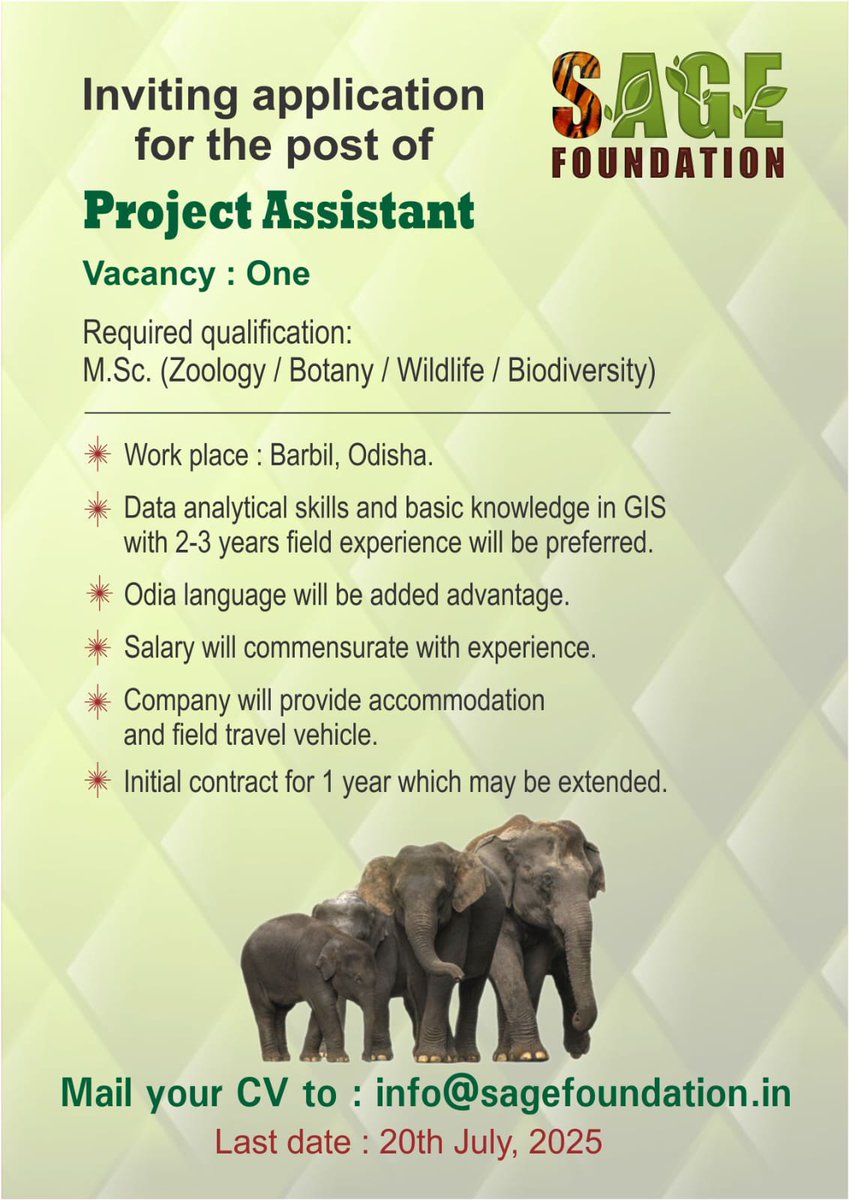 🚨 We’re Hiring! Project Assistant – North Odisha 🌿
Are you passionate about conservation and biodiversity? Join our dedicated team working on-ground in North Odisha.
We are looking for a Project Assistant with:
 🔹M.Sc. in Zoology, Botany, Wildlife Science,
