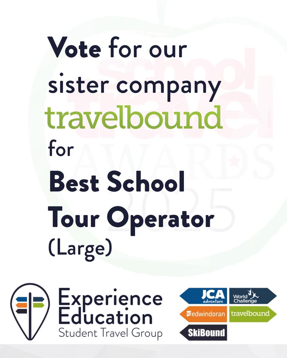Edwin Doran Sports Tours (@edwindoransport) on Twitter photo ๐ A big well done to our sister brand <a href="/Travelbound/">Travelbound</a>, finalists once again at the #SchoolTravelAwards 2025 for Best School Tour Operator (Large)!
Theyโre hoping to retain their 2024 title - and your vote can help ๐ณ๏ธ
๐ tinyurl.com/stog25-ee-vote ๐ A big well done to our sister brand <a href="/Travelbound/">Travelbound</a>, finalists once again at the #SchoolTravelAwards 2025 for Best School Tour Operator (Large)!
Theyโre hoping to retain their 2024 title - and your vote can help ๐ณ๏ธ
๐ tinyurl.com/stog25-ee-vote