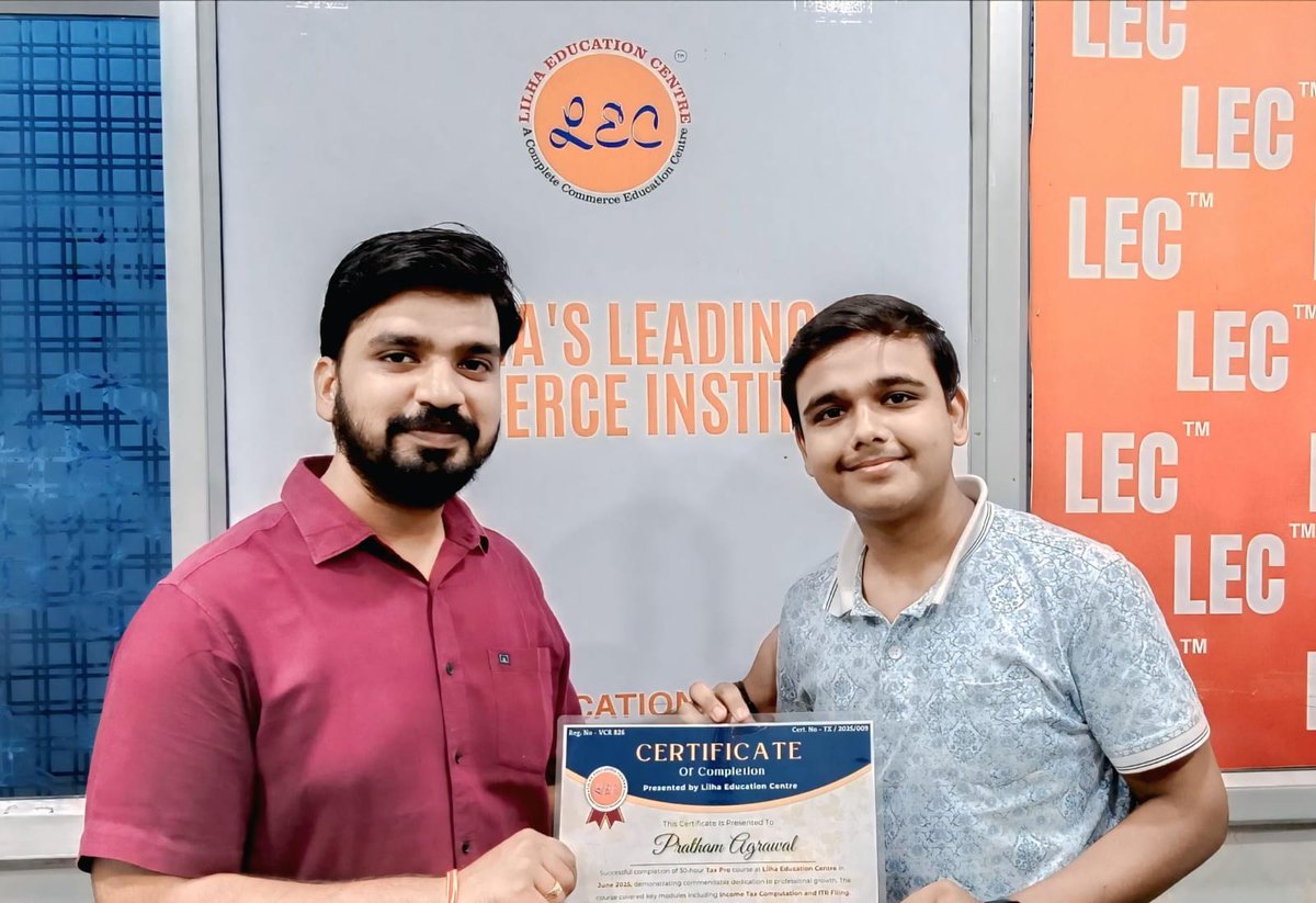 Lilhaeduvns's tweet image. Congratulations to Pratham Tax Pro for successfully completing the Income Tax Course at Lilha Education Centre! 🎉
Wishing you continued success as you move forward with stronger tax expertise and confidence. #LilhaEducationCentre #IncomeTaxCourse #SuccessStory #TaxProfessional
