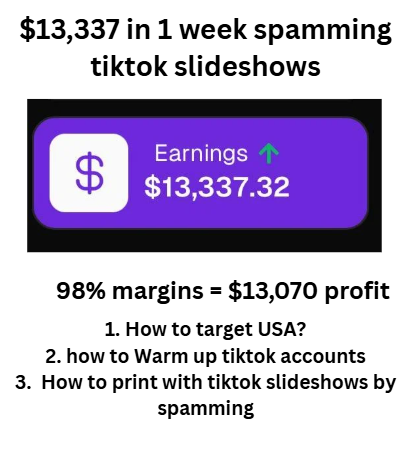 ceo0adspend's tweet photo. Made $13,337 in 1 week spamming TikTok slideshows 😂

– How to target USA
– My exact warmup method
– How to print with slideshows

Retweet + comment “Slideshow” (must be following) — I’ll send the full case study https://t.co/RKQUIbvVVR