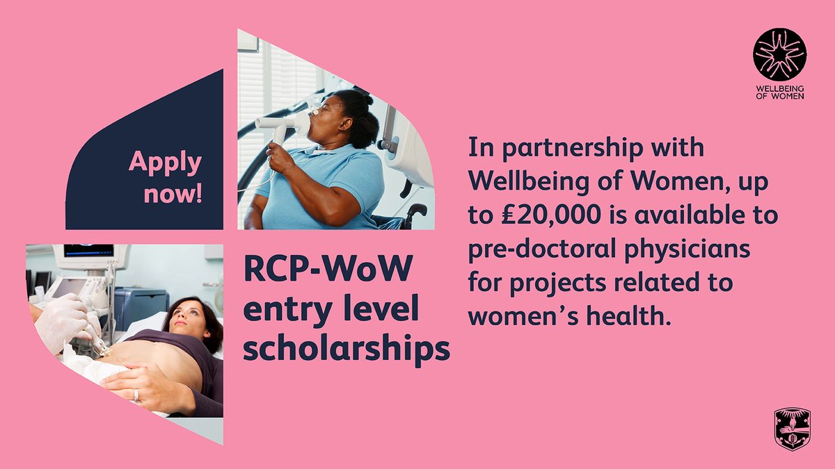 Royal College of Physicians (@rcphysicians) on Twitter photo There is still time to apply for the RCP-WoW entry level scholarships.
In partnership with <a href="/WellbeingofWmen/">Wellbeing of Women</a>, we’re offering up to £20,000 to pre-doctoral physicians for projects related to women's health: ow.ly/s1lS50WezvG
Applications close Monday 7 July. There is still time to apply for the RCP-WoW entry level scholarships.
In partnership with <a href="/WellbeingofWmen/">Wellbeing of Women</a>, we’re offering up to £20,000 to pre-doctoral physicians for projects related to women's health: ow.ly/s1lS50WezvG
Applications close Monday 7 July.