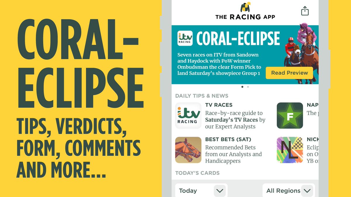 🏇CORAL-ECLIPSE DAY
Seven races on ITV from Sandown and Haydock with PoW winner Ombudsman the clear Form Pick to land Saturday’s showpiece Group 1. Don’t miss our Analysts’ Predictions - IN THE APP NOW! 👇
bit.ly/The-Racing-App
#Sandown