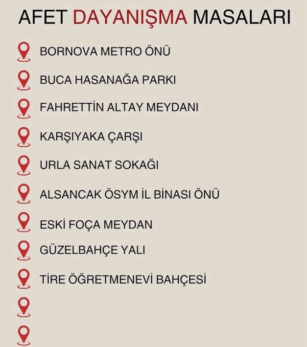 Güncel liste yayalım lütfen.
İzmir’in 9 farklı noktasında saat 12.00 itibariyle dayanışma masalarına yardımlarınızı götürebilirsiniz.