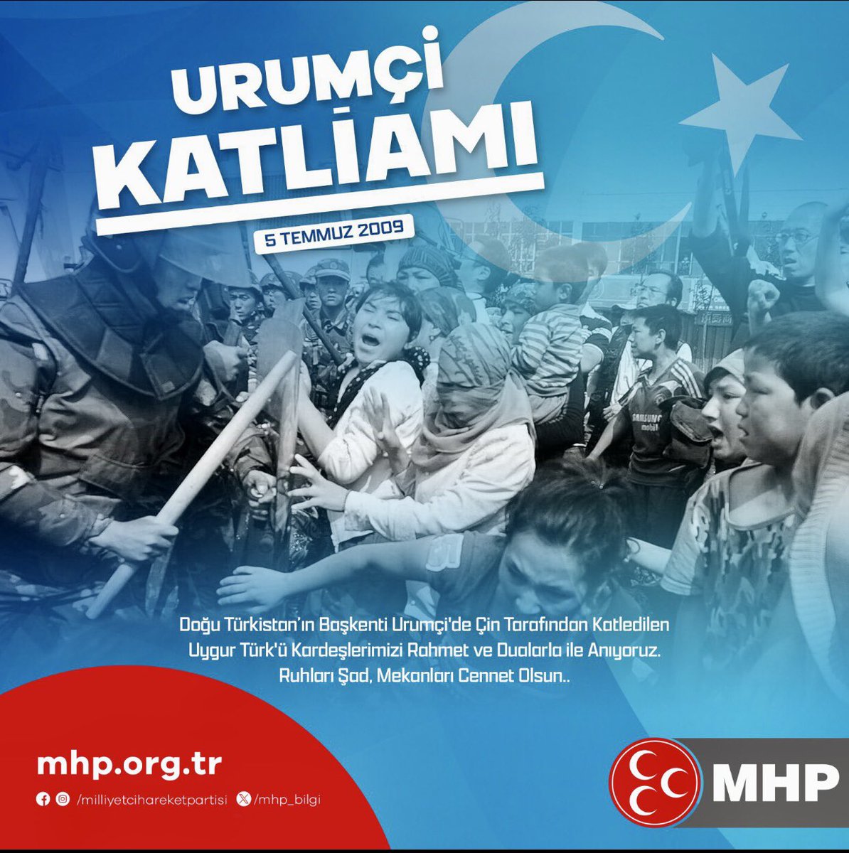 Doğu Türkistan'ın Başkenti Urumçi'de Çin tarafından katledilen Uygur Türk'ü kardeşlerimizi rahmet ve dualarla anıyoruz.
Ruhları şad, mekanları cennet olsun.