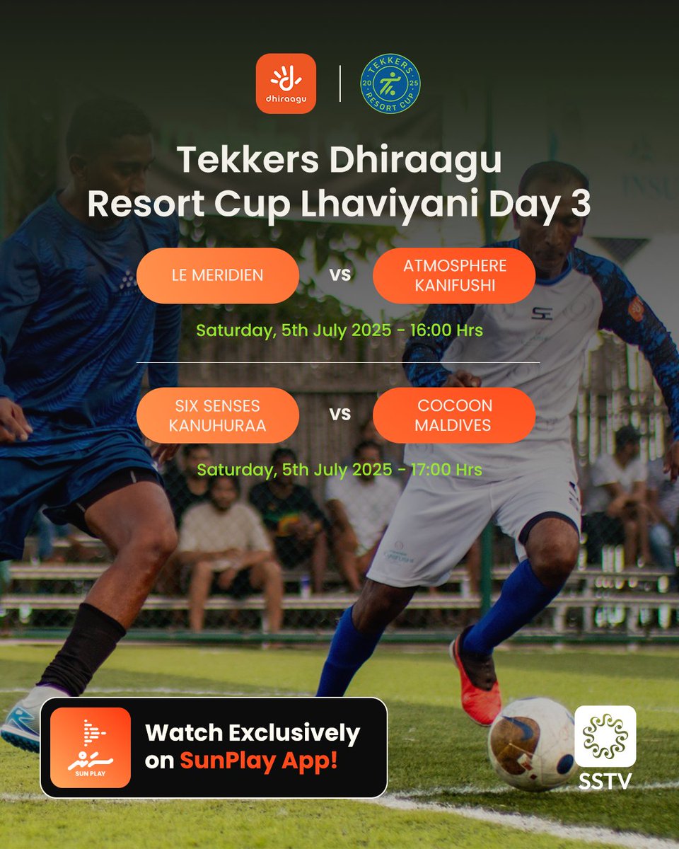 Tekkers Dhiraagu Resort Cup 2025 Lhaviyani
05.07.2025 at 16:00Hrs - LE MERIDIEN vs ATMOSPHERE KANIFUSH
05.07.2025 at 17:00Hrs - SIX SENSES KANUHURA vs COCOON MALDIVES
sunplay.mv
#sstv #ssmedia #sunplaymv #tekkersdhiraaguresortcup2025
