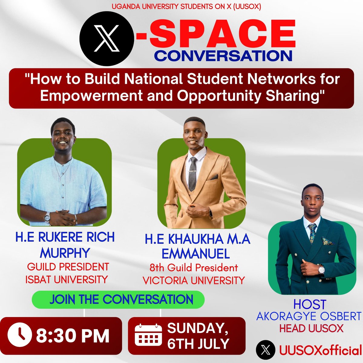8th VU Guild Government (@vuguild) on Twitter photo How can we build strong national student networks for empowerment and opportunity sharing?
Join us this Sunday on an insightful X-SPACE with
H.E <a href="/UncleEmma256/">ĶĦÄÙĶĦÄ M. ẼMMÄÑÜÈĻ</a> ;Guild President <a href="/VUKampala/">Victoria University, Kampala</a>
H.E Rukere Rich Murphy; Guild President,<a href="/isbatkampala/">ISBAT University</a> How can we build strong national student networks for empowerment and opportunity sharing?
Join us this Sunday on an insightful X-SPACE with
H.E <a href="/UncleEmma256/">ĶĦÄÙĶĦÄ M. ẼMMÄÑÜÈĻ</a> ;Guild President <a href="/VUKampala/">Victoria University, Kampala</a>
H.E Rukere Rich Murphy; Guild President,<a href="/isbatkampala/">ISBAT University</a>