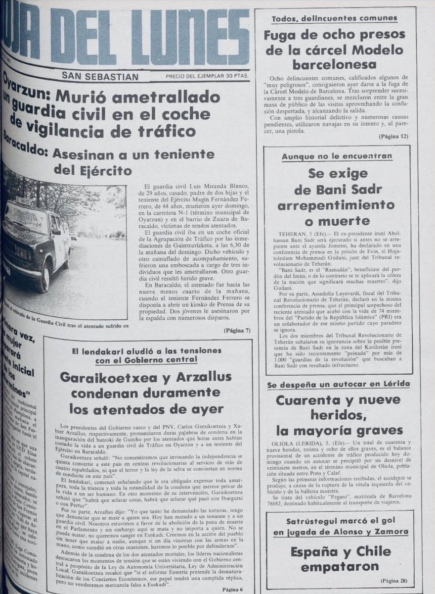#TalDiaComoHoy de 1981 #ETA asesinó en #Lezo al <a href="/guardiacivil/">Guardia Civil</a> Luis Miranda tenía 28 años y dejó dos niñas huérfanas y a su mujer embarazada del tercer hijo. ¡Otro hijo póstumo más!

Seguro que jamás has oído hablar de él.

¿Me ayudas a recordarle difundiendo este 🧵?