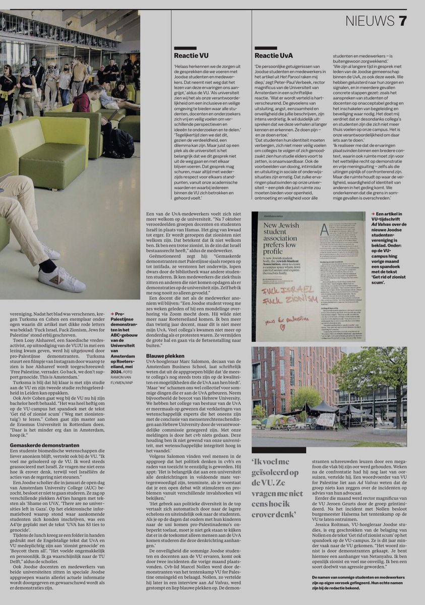 In het <a href="/parool/">Het Parool</a> dit huiveringwekkende verslag van de terreur waar Joodse studenten en docenten in Amsterdam onder gebukt gaan. Dat besturen van VU en ⁦<a href="/UvA_Amsterdam/">UvA Amsterdam</a>⁩, de burgemeester, wethouders en gemeenteraad dit tolereren gaat alle perken te buiten. Wie grijpt in?