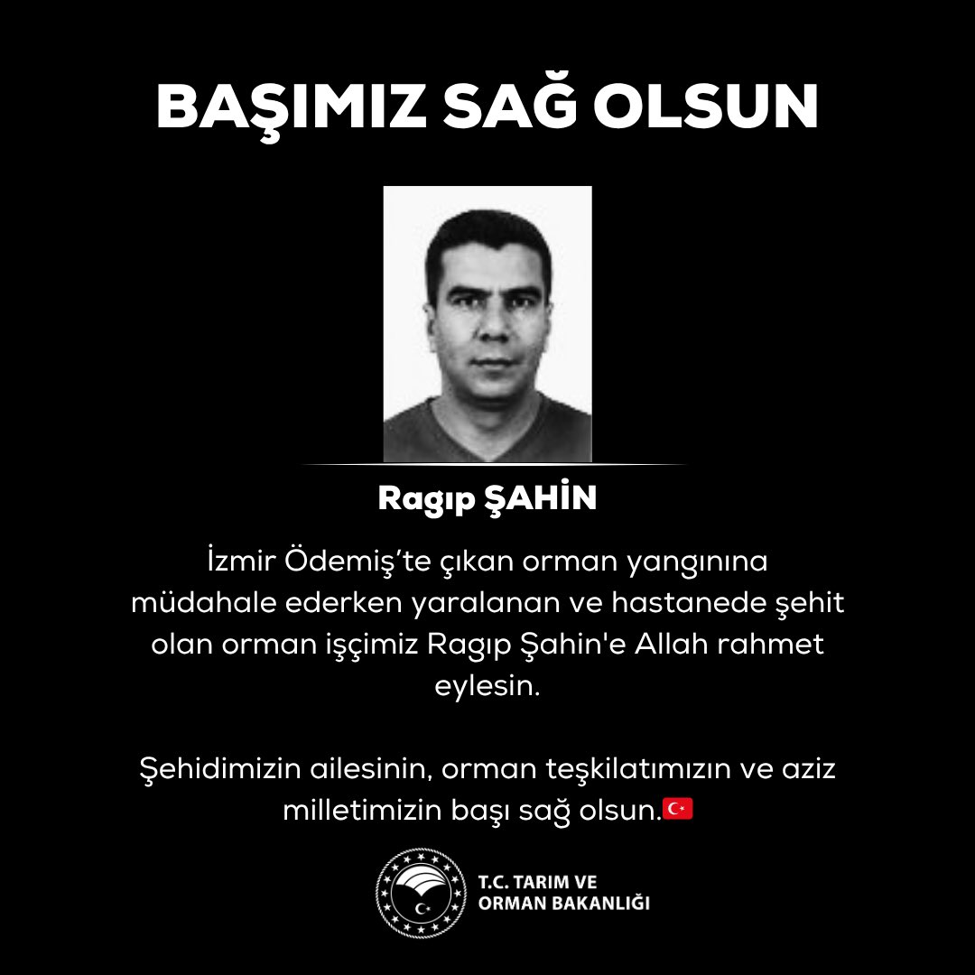 İzmir Ödemiş’te çıkan orman yangınına müdahale ederken yaralanan ve hastanede şehit olan orman işçimiz Ragıp Şahin'e Allah rahmet eylesin.

Şehidimizin ailesinin, orman teşkilatımızın ve aziz milletimizin başı sağ olsun.🇹🇷