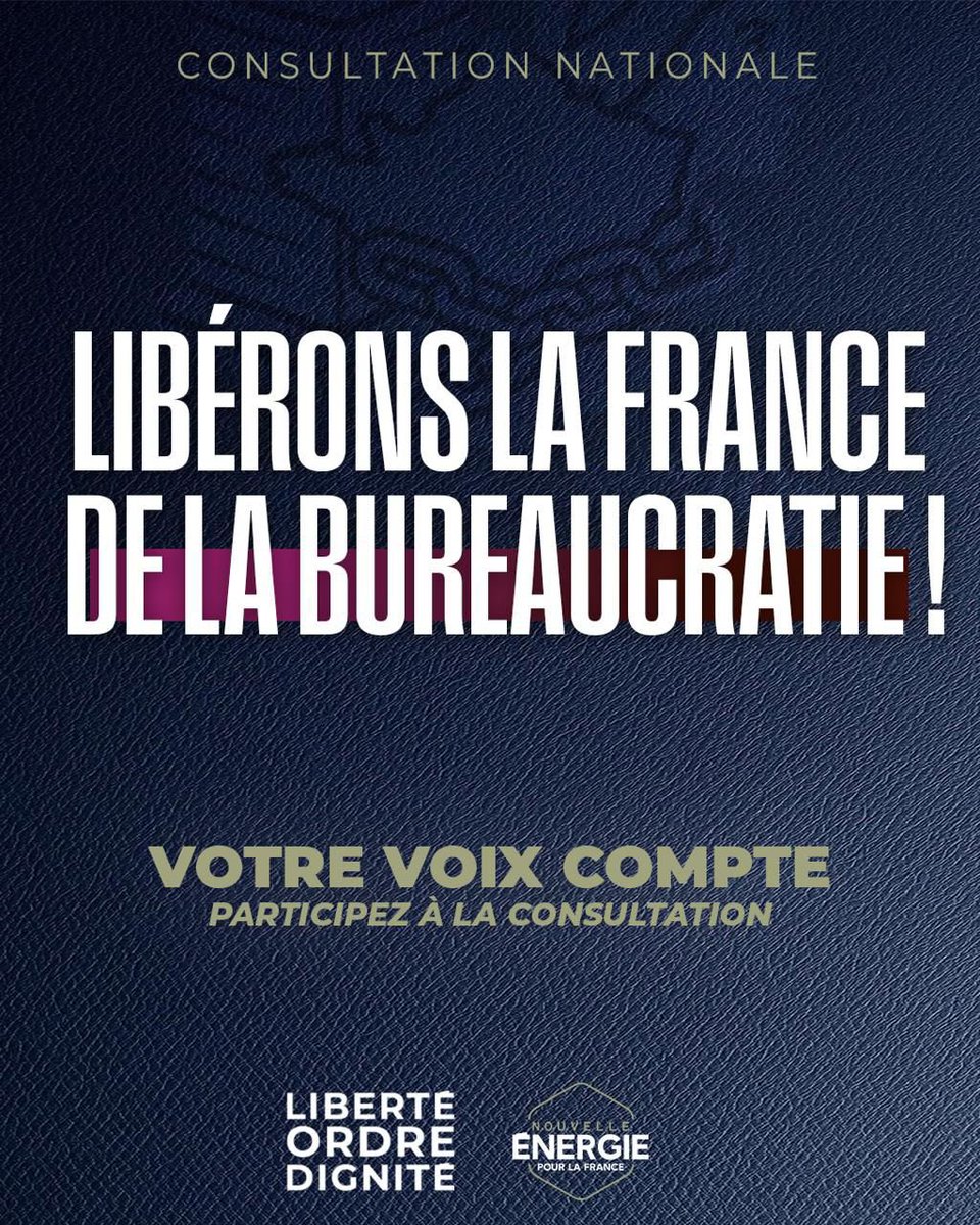 .<a href="/davidlisnard/">David Lisnard</a>, Président de <a href="/Nouv_Energie/">Nouvelle Énergie</a>, lance une grande consultation contre la bureaucratie ! 

Objectif : recenser, étudier, analyser les (très nombreux) blocages que nous subissons tous au quotidien ! 

La consultation est disponible en ligne ici ➡️ unenouvelleenergie.fr/consultation-b…