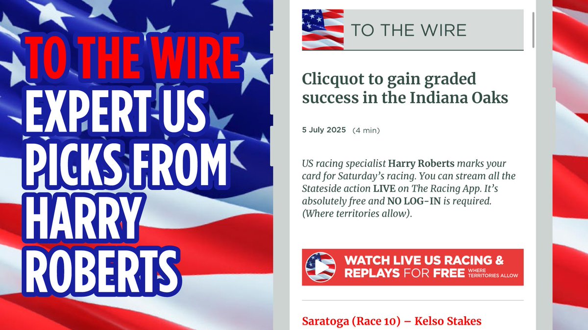 The Racing App (@theracingapp) on Twitter photo 🇺🇸Expert Picks for Saturday's Racing🇺🇸
Don't miss our US racing expert <a href="/HarryR_Sports/">Harry Roberts 🦕</a>'s picks for Saturday action at Saratoga and Horseshoe Indianapolis. IN THE APP NOW! 👇
bit.ly/The-Racing-App 🇺🇸Expert Picks for Saturday's Racing🇺🇸
Don't miss our US racing expert <a href="/HarryR_Sports/">Harry Roberts 🦕</a>'s picks for Saturday action at Saratoga and Horseshoe Indianapolis. IN THE APP NOW! 👇
bit.ly/The-Racing-App