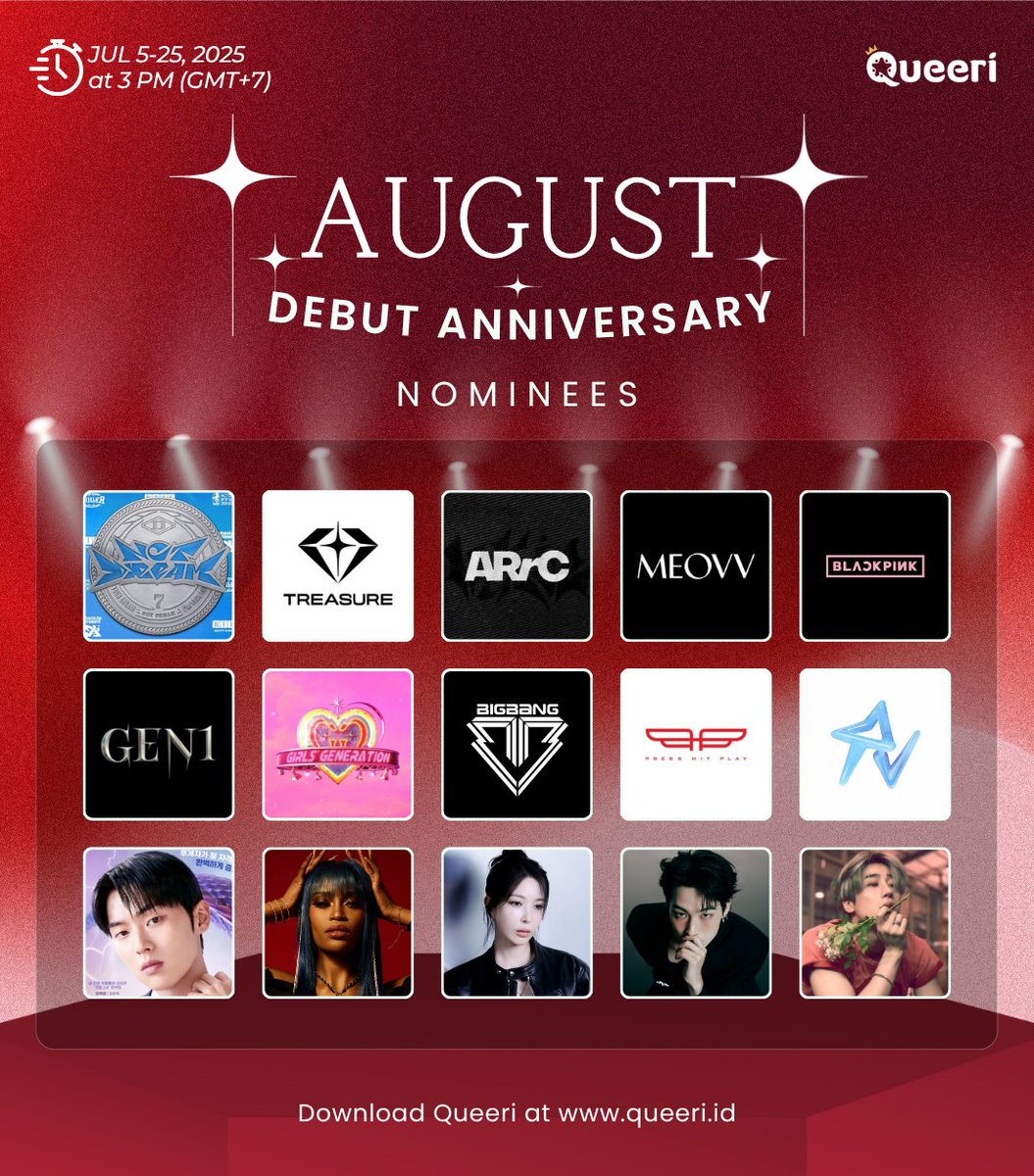 queeri_official's tweet photo. [📢] STARTING TODAY!
 💫 August Debut Anniversary 💫

🏆 15 Nominees 2 Winners
🗓️ 07/5 - 07/25 at 3 PM (GMT+7)

#JAYB #GOT7 #ARrC #FATOU #BLACKSWAN #ChoiHyunWook #HANSEUNGWOO #VICTON #MEOVV #BLACKPINK #REDVELVET #GirlsGeneration #NCTDREAM #TREASURE #BIGBANG #BOA #Gen1es #PRESS_HIT_PLAY

Vote here : https://t.co/bGQYayowmm

#Queeri #Queeri_Vote
