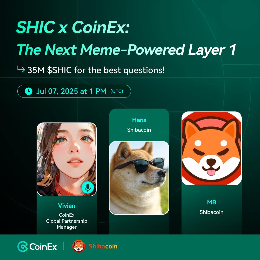 Shibacoin_Shic's tweet image. 📢AMA Announcement: @coinexcom X @Shibacoin_Shic with @hans_t_m_ &amp;amp; MB

📅: Jul 07, 2025 at 01:00 PM UTC
💬Topic: The Next Meme-Powered Layer 1

💰35M $SHIC rewards for top questions &amp;amp; participation!

Drop your questions in the Coinex thread x.com/coinexcom/stat…