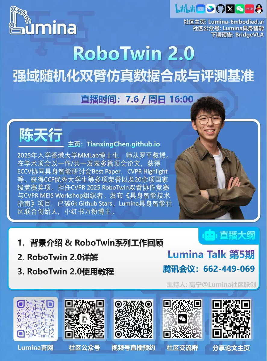 At 4:00 PM Beijing Time (UTC+8) on July 6th, I will be presenting the RoboTwin 2.0 paper and its usage tutorial on the Lumina Embodied AI Community.