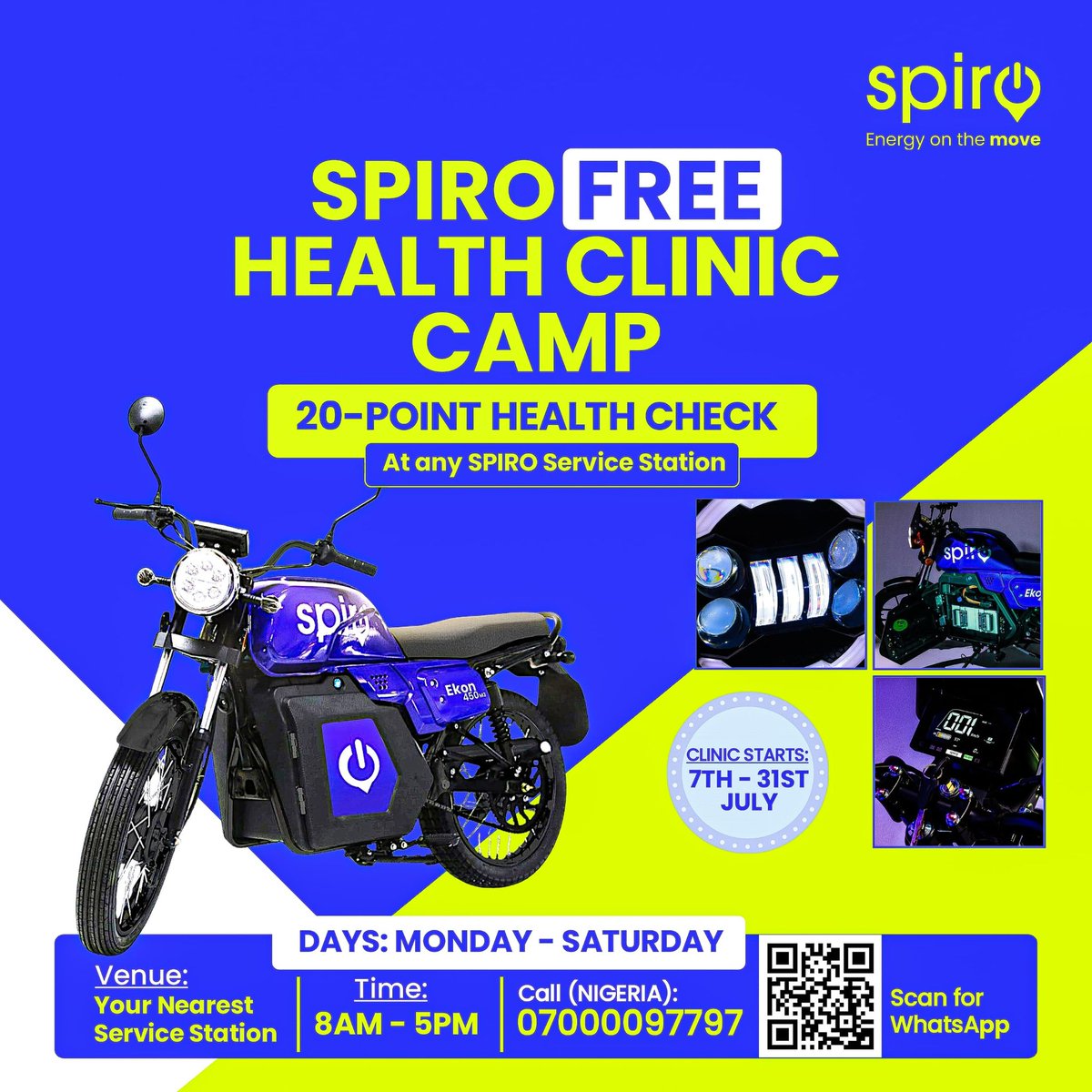 spironigeria's tweet image. Health na Wealth, Even for Your Bike!
Spiro cares about your ride &amp;amp; wallet.
enjoy a FREE 20-point health check for your Spiro bike at any of our service stations
📞: 07000097797 or Scan the barcode to chat with us.
Details below 👇

#SpiroCares #BikeHealthCheck #SpiroOnTheMove