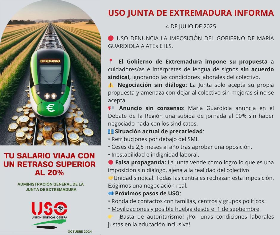 USO-Extremadura (@usoextremadura) on Twitter photo 🔴 USO denuncia la imposición del Gobierno de <a href="/MGuardiolaM/">María Guardiola</a> a ATEs cuidadores/as e intérpretes de lengua de signos.
<a href="/Junta_Ex/">Junta de Extremadura</a> impone su propuesta sin negociación.
Desde <a href="/USOExtremadura/">USO-Extremadura</a> pedimos respeto, negociación real y condiciones laborales dignas.
<a href="/SindicatoUSO/">Confederación USO</a> <a href="/FAC_USO/">FAC USO</a> 🔴 USO denuncia la imposición del Gobierno de <a href="/MGuardiolaM/">María Guardiola</a> a ATEs cuidadores/as e intérpretes de lengua de signos.
<a href="/Junta_Ex/">Junta de Extremadura</a> impone su propuesta sin negociación.
Desde <a href="/USOExtremadura/">USO-Extremadura</a> pedimos respeto, negociación real y condiciones laborales dignas.
<a href="/SindicatoUSO/">Confederación USO</a> <a href="/FAC_USO/">FAC USO</a>