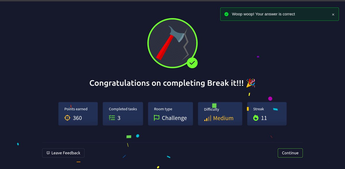 b1n4ryl0v3r's tweet photo. 🛠️ Just cracked the TryHackMe: Break it! challenge!

#TryHackMe #CyberSecurity #CTF #EthicalHacking #InfoSec #RedTeam #ReverseEngineering #BugBounty #HackTheBox #CTFChallenge #Linux #BinaryExploitation #BreakIt #HackingSkills #CyberSec #RootMe #HackThePlanet #InfosecCommunity https://t.co/E5B8XbZlwT