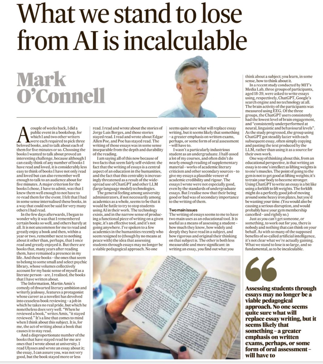 SCC English (@sccenglish) on Twitter photo ‘There is nobody and nothing that can think on your behalf.’
<a href="/mrkocnnll/">Mark O’Connell</a> in today’s Irish Times, on the disastrous effects of AI on thinking, echoing John Warner’s central principle in ‘More Than Words’ -
juliangirdham.com/blog/john-warn… ‘There is nobody and nothing that can think on your behalf.’
<a href="/mrkocnnll/">Mark O’Connell</a> in today’s Irish Times, on the disastrous effects of AI on thinking, echoing John Warner’s central principle in ‘More Than Words’ -
juliangirdham.com/blog/john-warn…
