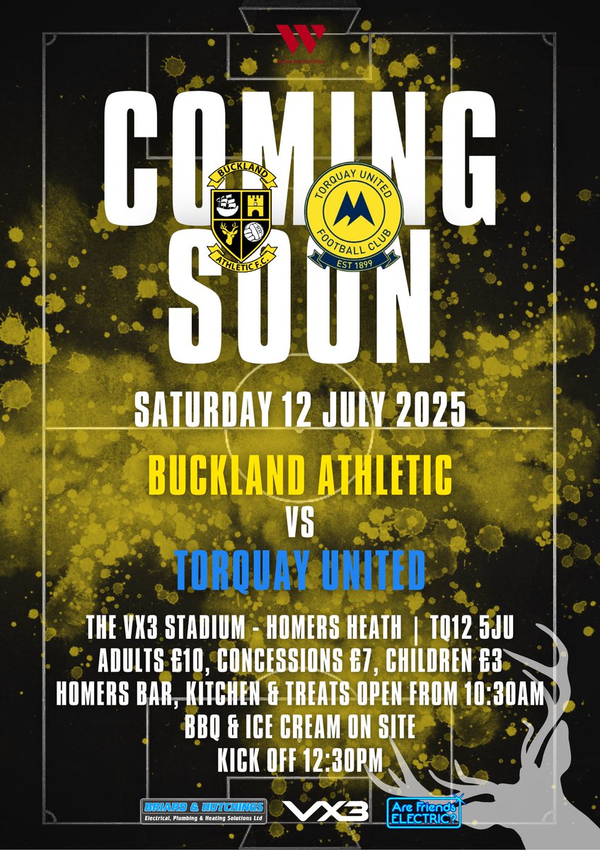 ⏳ | One Week To Go

🗓️ Saturday 12th July
🆚 <a href="/TUFC1899/">Torquay United FC</a> 
🏆 Pre-Season Friendly
🏟 The <a href="/VX3apparel/">VX3</a> Stadium - Homers Heath, TQ12 5JU
💷 Adults £10, Concessions £7, Children £3
⏱️ 12:30pm

🚪 Open at 10:30am

🚗 Spectator parking in adjacent field

🤝 Sponsors - VX3 &amp; <a href="/WCR_Ltd/">Western Counties Roofing Ltd</a> 

🦌