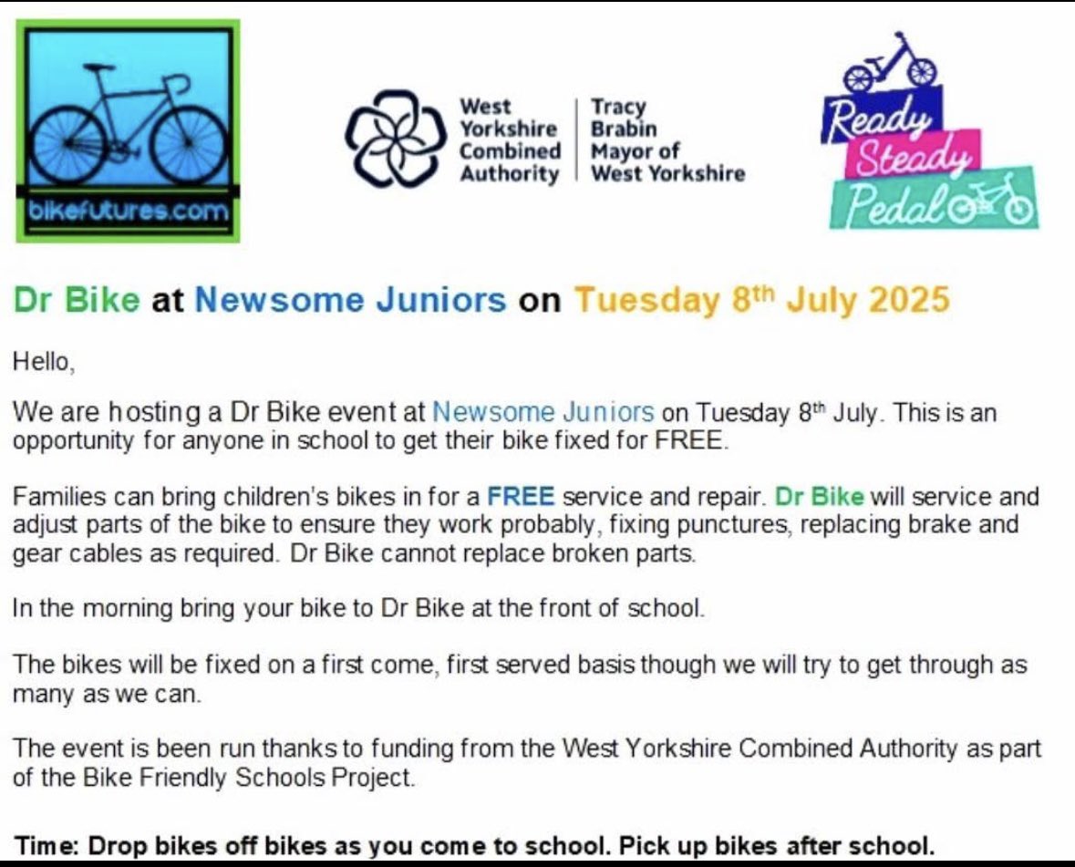 You may have seen on our newsletter that this week year 6 are taking part in ‘Ready, Steady Pedal’ and on Tuesday there will be Dr Bike sessions run by the team. Any of our families with broken bikes can bring them in and see if they can be fixed! 😁