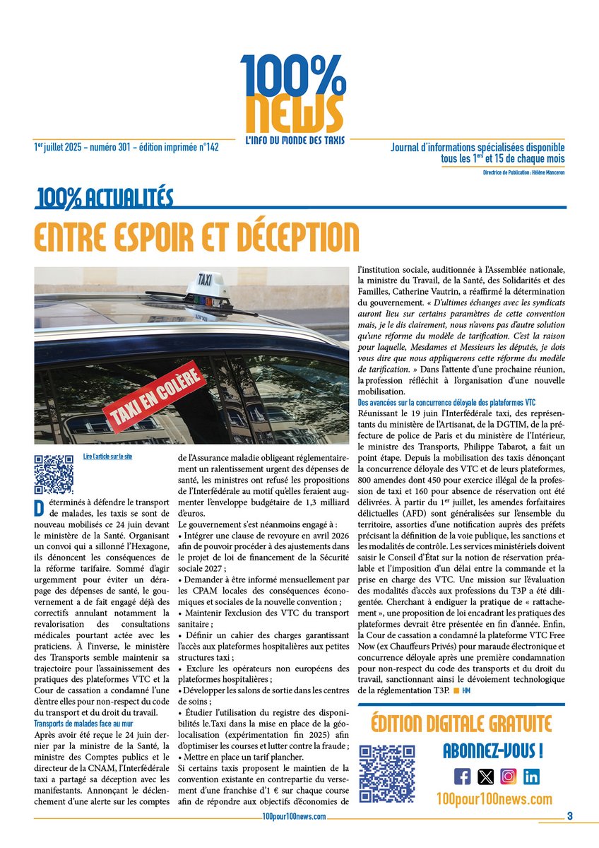 100% NEWS TAXIS N°301
ACTUALITÉS : Entre espoir et déception
Lire l’article – 100pour100news.com/2025/07/01/act…
#taxi #mobilité #transports #Actualités #vtc #plateformes #AssuranceMaladie #TransitionEnergetique #G7 #DevenirChauffeur