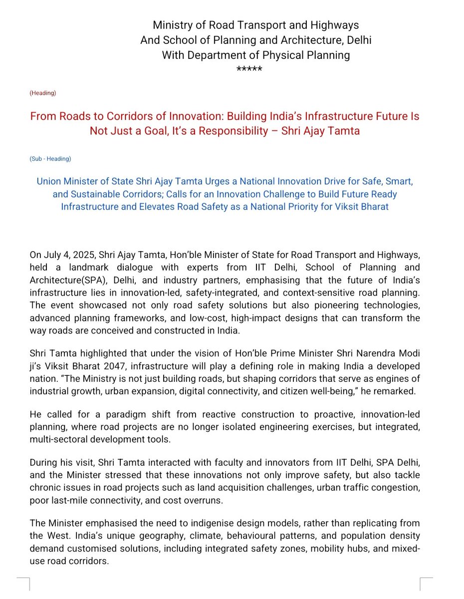 DELHI_SPA's tweet photo. From Roads to Corridors of Innovation: Building India’s Infrastructure Future Is Not Just a Goal, It’s a Responsibility – Shri Ajay Tamta https://t.co/mzKj2GVXnx