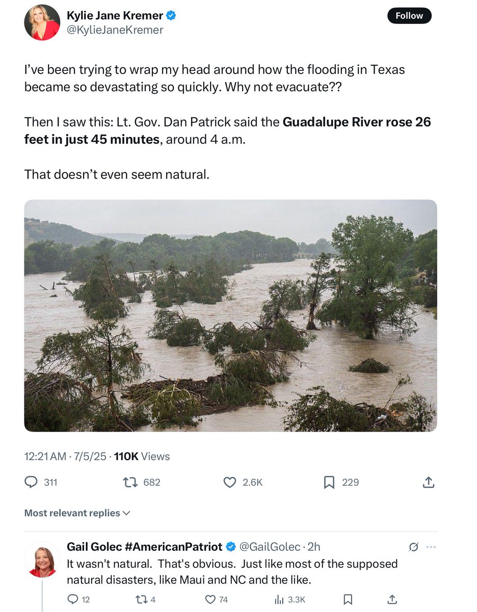 Well, the conspiracy theories have started.

BTW, the 3 weather satellites that DoD used to provide data to NOAA would have been instrumental while this was developing. They operate in the microwave range and can see torrential rains and floods directly through the clouds.