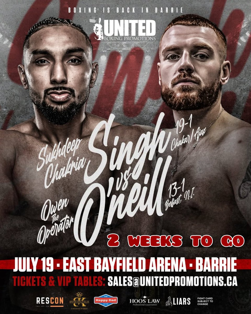 2 weeks to go

Owen O'Neill takes on former IBO title challenger Sukhdeep Singh Bhatti on the United Boxing promotions card at the East Bayfield arena in Barrie, Ontario, Canada 

It's a fight O'Neill knows he's the underdog in, but he is confident of producing the upset