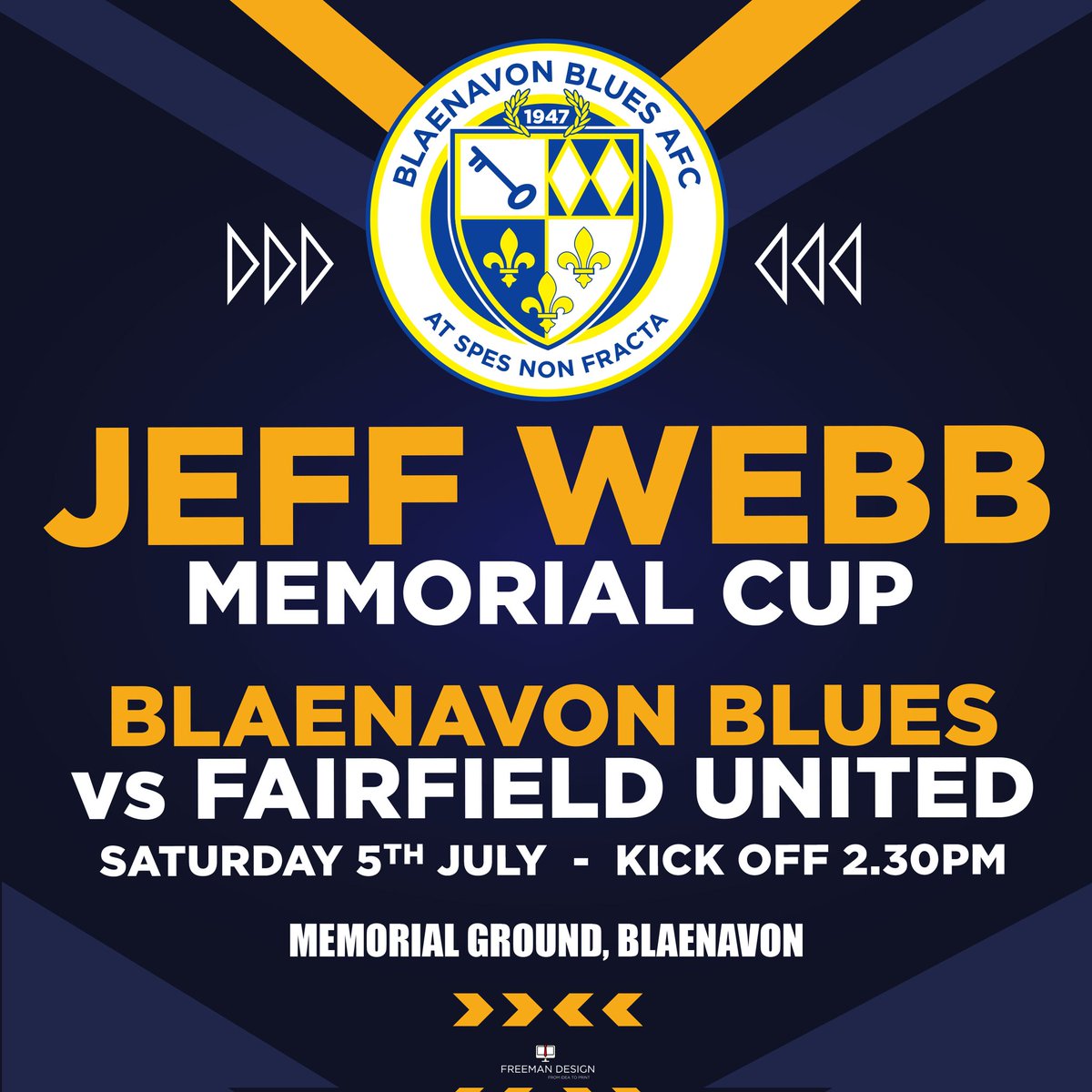 📆 Saturday 5th July
🏆 Jeff Webb Memorial Cup 
🆚 Fairfield United 
🕑 2.30pm
📍The Memorial Ground NP4 9RQ 
🎫 Free 

Clubhouse open from 1.30pm
#Blues