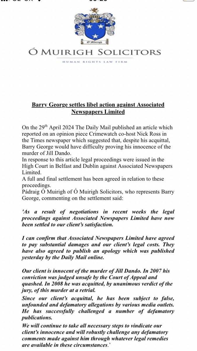 OMuirighSols's tweet image. Press release re: Barry George libel settlement v Associated Newspapers Limited. Our @pomuirigh represents Mr George 👇