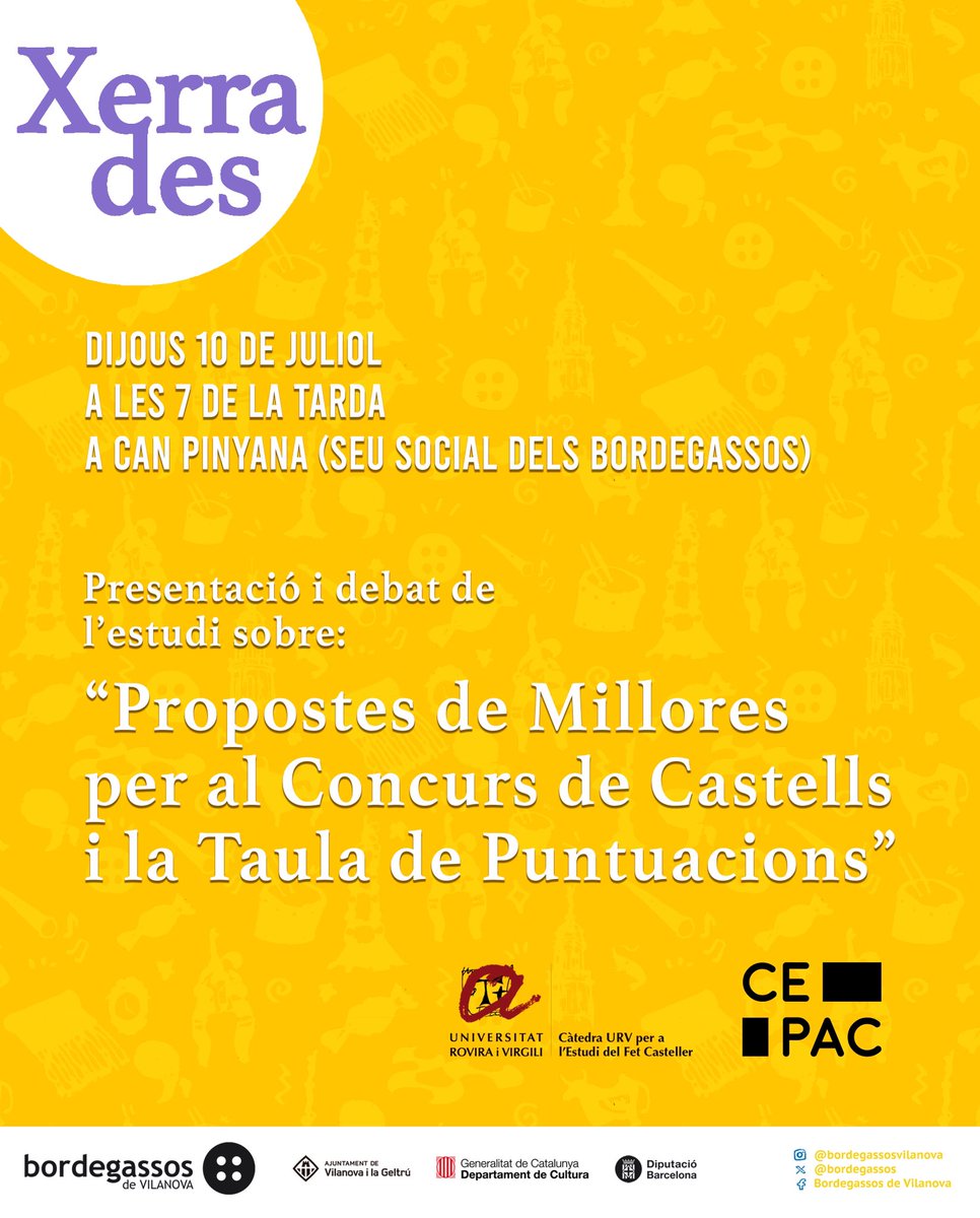 bordegassos's tweet image. El pròxim dijous 10 de juliol a les 19:00 h podrem gaudir, al nostre local social, de la Presentació i debat de l'estudi sobre: "Propostes de Millores per al Concurs de Castells i la Taula de Puntuacions" que ens porta el CEPAC amb la Càtedra URV per a l’Estudi del Fet Casteller.