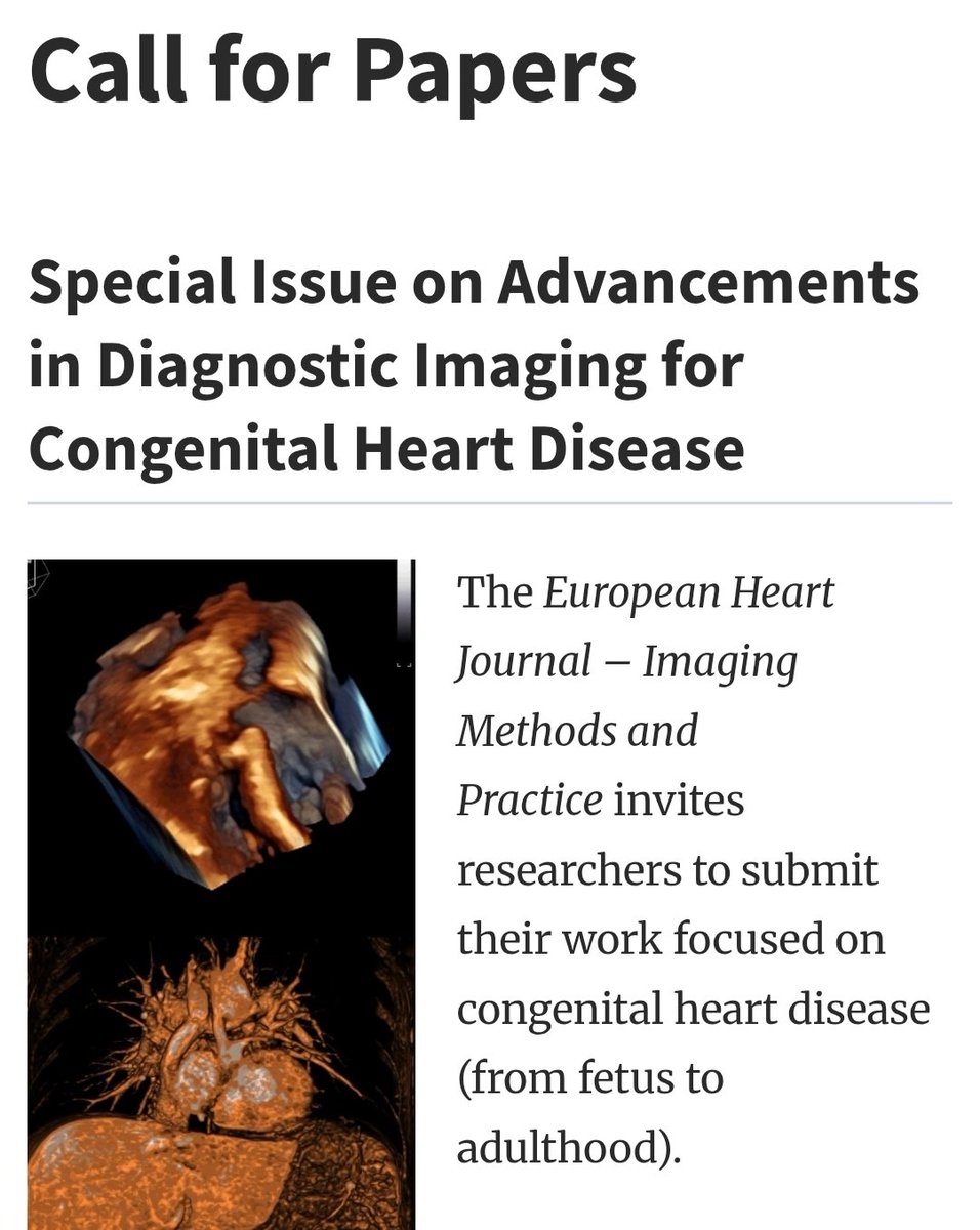 🫀 Call for Papers!
The EHJ - Imaging Methods and Practice special issue on Congenital Heart Disease is now open! Share your latest imaging breakthroughs and shape the future of CHD care.
📩 Submit now: academic.oup.com/ehjimp/pages/s…
#CHD #MedicalImaging #CallForPapers #EHJIMP
#ACHD