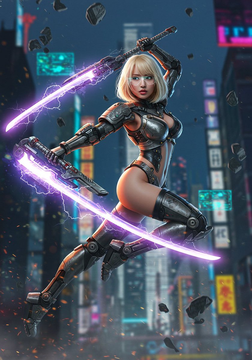 takamaru_jump's tweet photo. Good evening and have a wonderful night, be safe. Cyber lightning swords. #Cyborgirl https://t.co/B14WFNcBjW