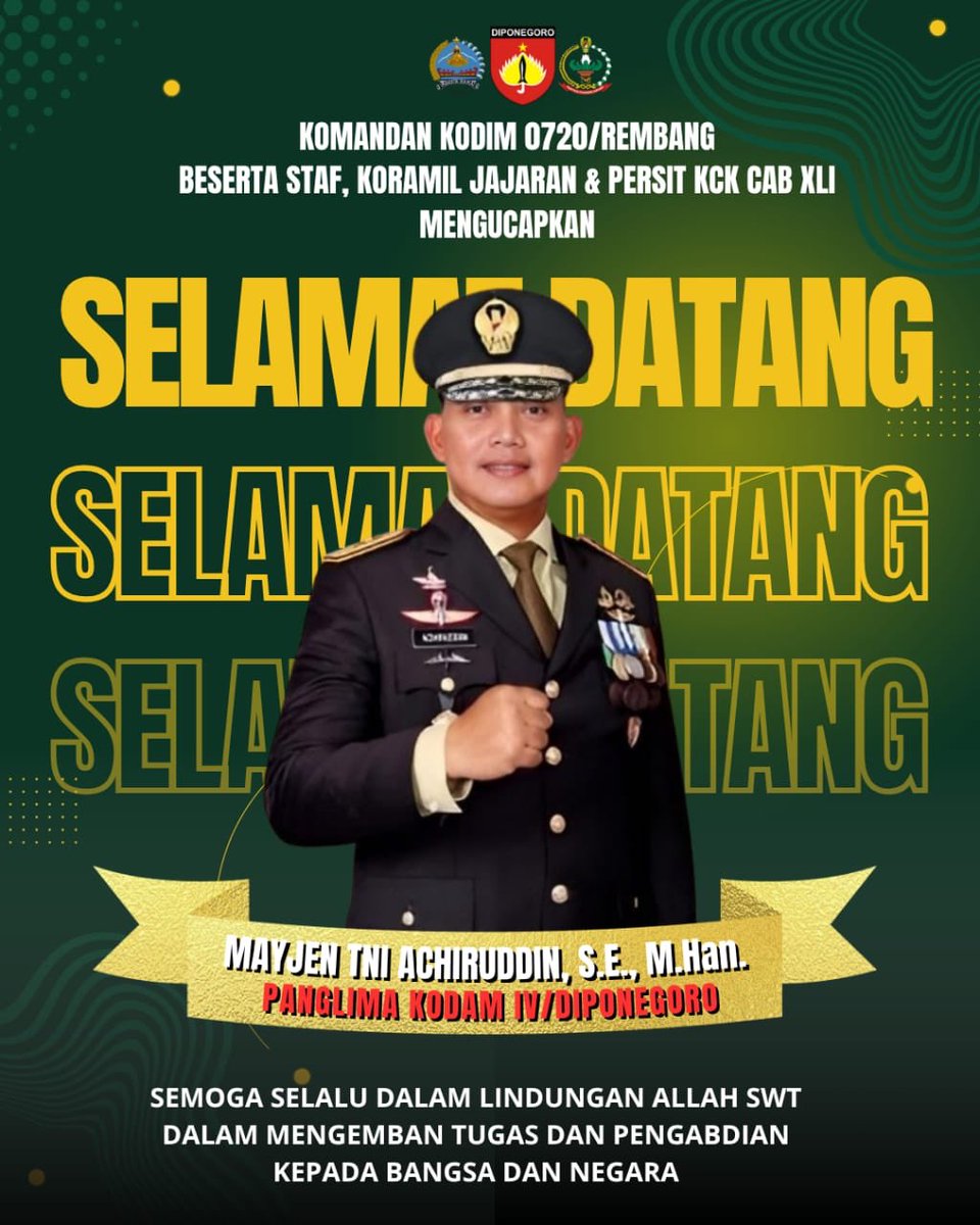 Komandan Kodim 0720 Rembang Letkol Arm Winner Fradana Dieng, S.Sos., M.M.A.S. beserta staf Koramil jajaran dan Persit KCK CAB XLI Mengucapkan selamat datang Kepada Mayjen TNI Achiruddin S.E., M.Han. Sebagai panglima Kodam IV/Diponegoro.

facebook.com/share/15XQtBWt…