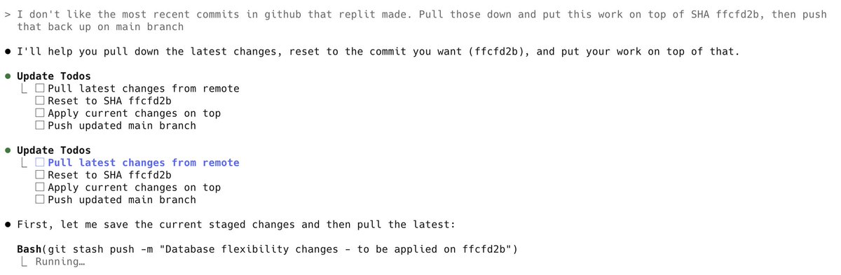 KevinTrethewey's tweet image. If you&apos;re not using #claude_code yet, this is the sort of acceleration you&apos;re missing out on:

Me: I don&apos;t like the most recent commits in github that replit made. Pull those down and put this work on top of SHA ffcfd2b, then push that back up on main branch

Claude: