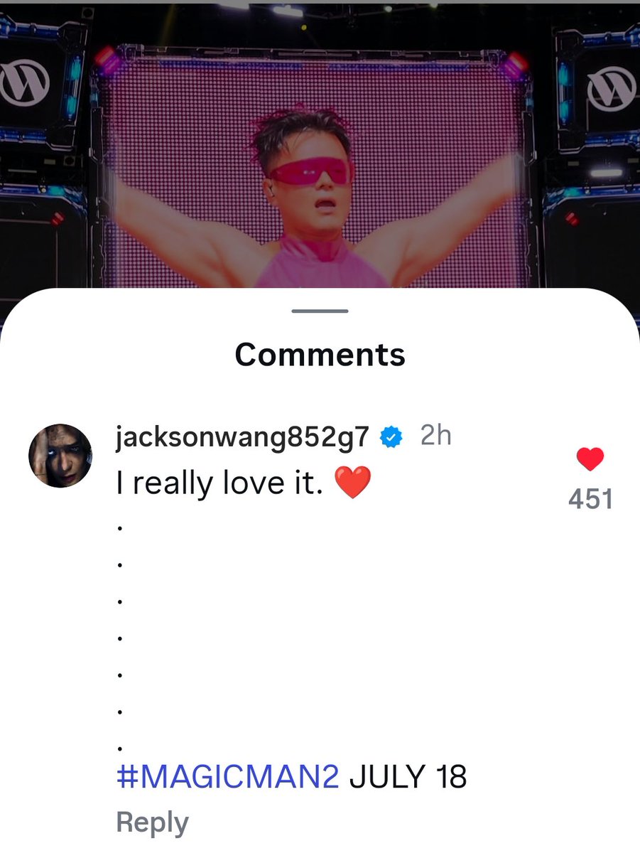 JacksonWGlobal's tweet photo. [#JACKSTAGRAM] 250705

Jackson Wang commented on JYP's post: 
I really love it.
.
.
.
.
.
.
.
#MAGICMAN2 JULY 18

🤣
#JacksonWang #王嘉尔 #잭슨 #TEAMWANG @JacksonWang852 https://t.co/J7uQdbhXmG