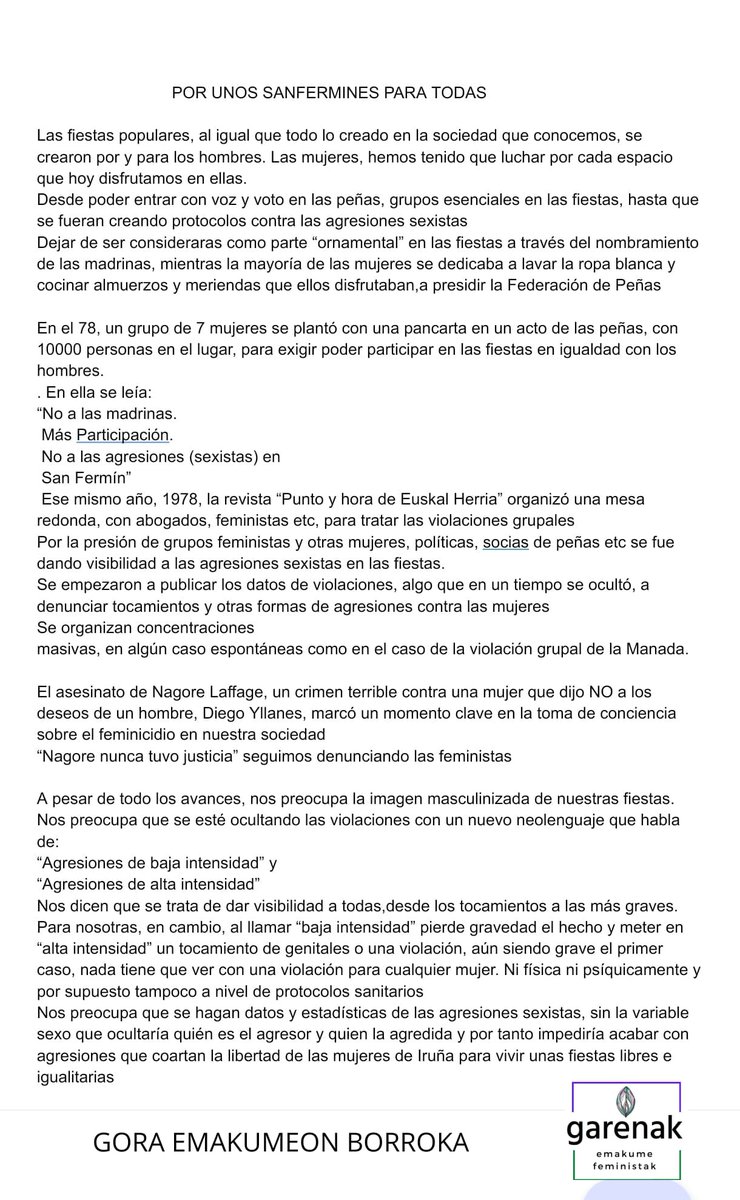 Comunicado de Garenak ante el inicio de las fiestas de San Fermín
Por unos sanfermines para todas. Libres e igualitarios

LA FIESTA TAMBIÉN ES NUESTRA!
GORA EMAKUMEON BORROKA