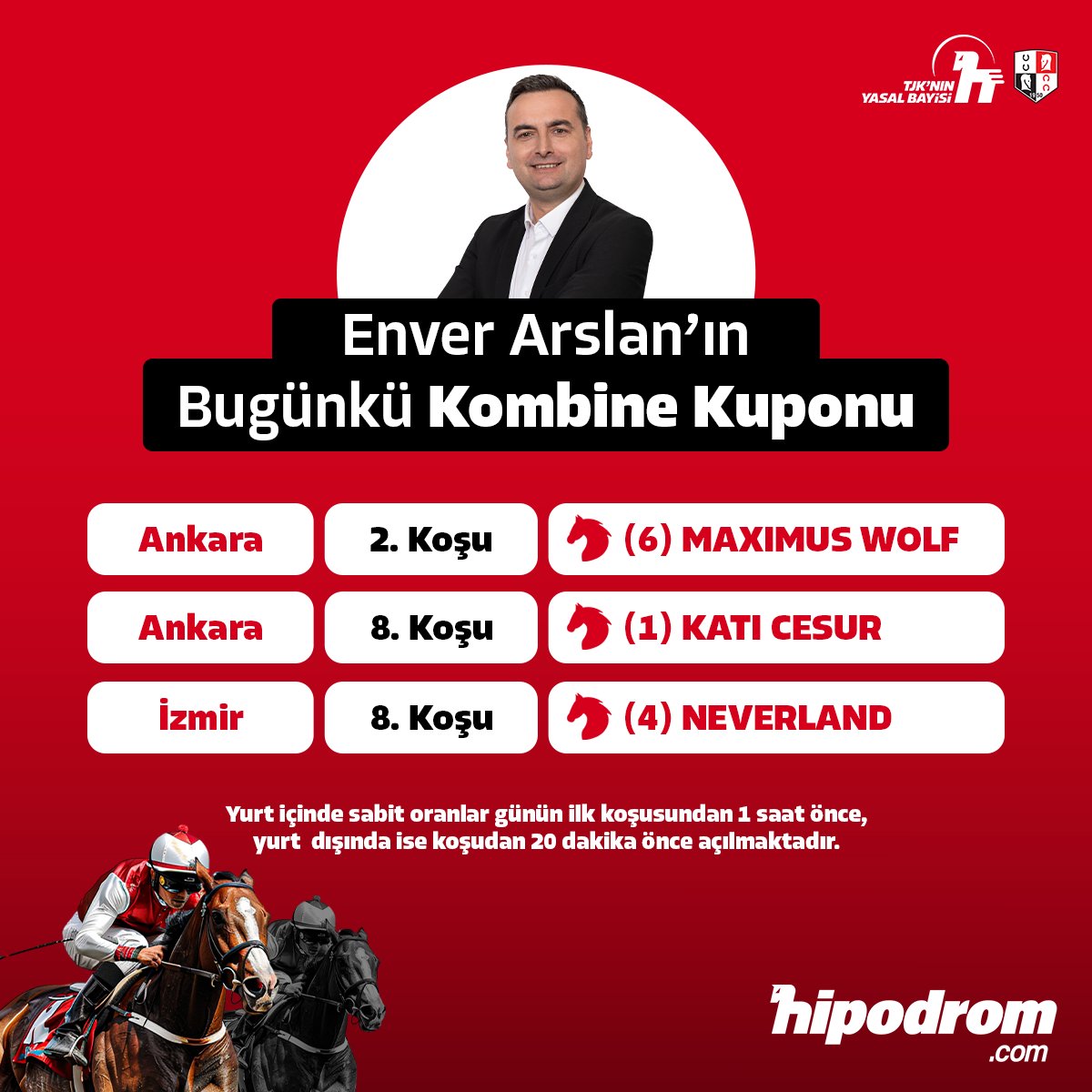Hipodrom.com (@hipodromtr) on Twitter photo 🏇💥 Uzman yazarımız Enver Arslan'ın (<a href="/startingbox/">Enver Arslan</a>) bugünkü Kombine Bahis kuponu
🌟 Sen de Kombine Bahis heyecanını hipodrom.com’da yaşa!
🔴 Kombine Bahis ile dilediğin hipodromdan 2, 3 ya da 4 farklı koşuyu aynı kupona yaz, oranlarını çarp, kazancını katla.
✍ 🏇💥 Uzman yazarımız Enver Arslan'ın (<a href="/startingbox/">Enver Arslan</a>) bugünkü Kombine Bahis kuponu
🌟 Sen de Kombine Bahis heyecanını hipodrom.com’da yaşa!
🔴 Kombine Bahis ile dilediğin hipodromdan 2, 3 ya da 4 farklı koşuyu aynı kupona yaz, oranlarını çarp, kazancını katla.
✍